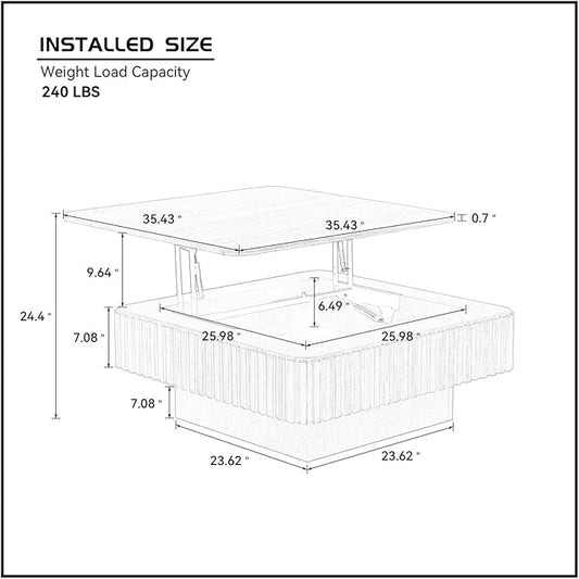 Square Lift-top Coffee Table for Living Room, Fluted Coffee Tables with Hidden Storage, Solid Wood Veneered Modern Tea Center Table for Small Space Apartment (Natural-35.43''D×14.57''H)