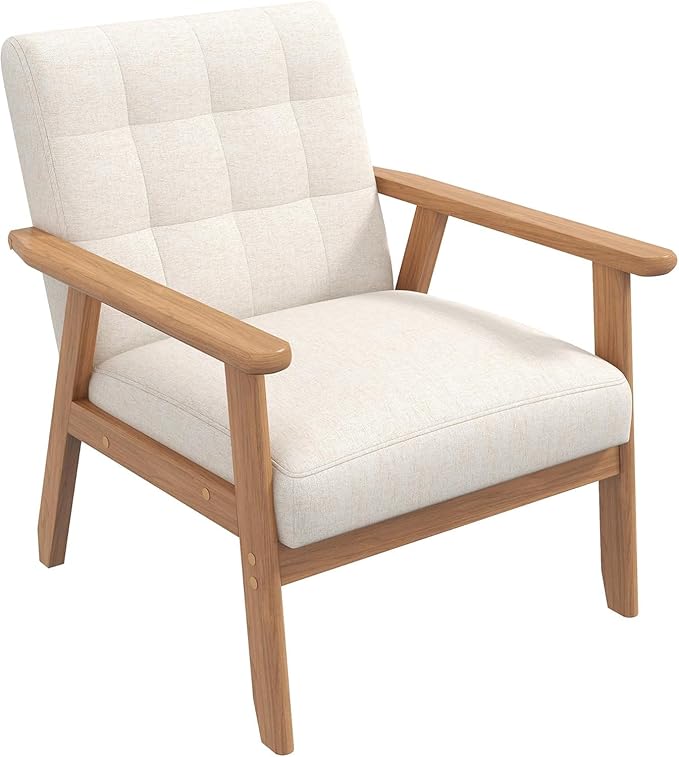 Westice Accent Chair 1PC, Mid-Century Modern Living Room Chairs with Solid Wood Frame & Soft Thicken Cushion, Upholstered Reading Arm Chair for Bedroom, Balcony, Beige Linen Fabric & Natural Legs