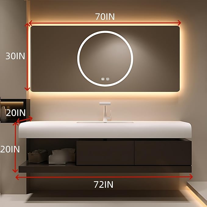 72IN Bathroom Vanity with Sink - Bathroom Cabinet Set has 2 Drawers & Overflow Hole Wall Mounted | LED Practical Defogging Mirror, Open Compartments, Seamless Rock Slab Basin (Coffee)