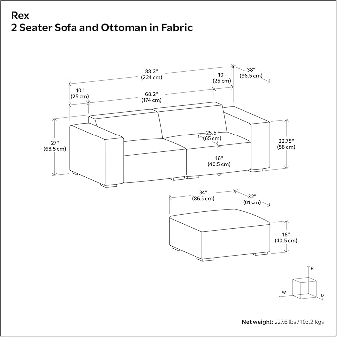 SIMPLIHOME Rex Modular Sofa and Ottoman Set in 100% Recycled Polyester Tightly Woven Performance Fabric, Pale Grey, 88-inch-Wide 2-Seater Couch and Matching 34-inch-Wide Table Ottoman for Living Room