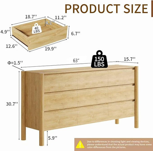 CHUWELL Dresser for Bedroom, 63" Wide Mid Century Modern Chest of Drawers with 9 Large Storage Space and 4 Solid Wood Cylindrical Legs, 9 Drawer Large Dresser for Bedroom(Oak)