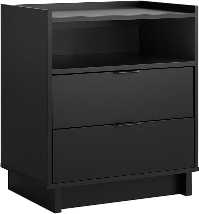 Prepac Simply Modern Nightstand Bedside Table, Black Nightstand for Bedroom, End Table with 2 Drawers and Open Shelf 23.75" W x 26.75" H x 16" D