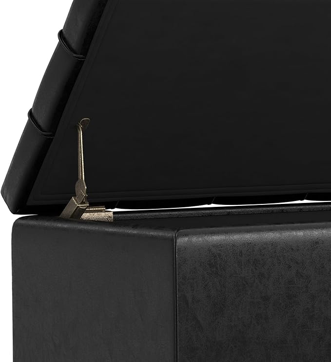 SIMPLIHOME Sienna 33 inch Wide Transitional Rectangle Storage Ottoman Bench in Distressed Black Vegan Faux Leather, Assembled, for The Living Room, Entryway and Family Room