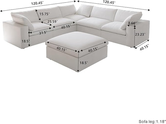 Cloud Modular Sectional Sofa for Livingroom,Large Down Filled Comfort Corner Sectional Sofa Couch with Ottoman,Wide Deep Seat Convertible Couches for Office Apartment,V Shaped,White