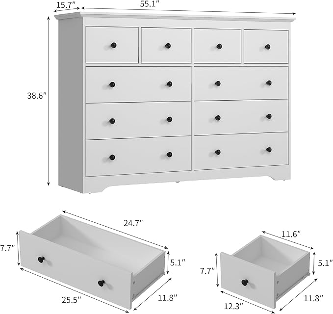 LYNSOM Modern 10 Drawer Dresser, 55.1" Wide Dressers & Chests of Drawers with Large Capacity Storage, Mid Century White Dresser for Bedroom, Hallway, White