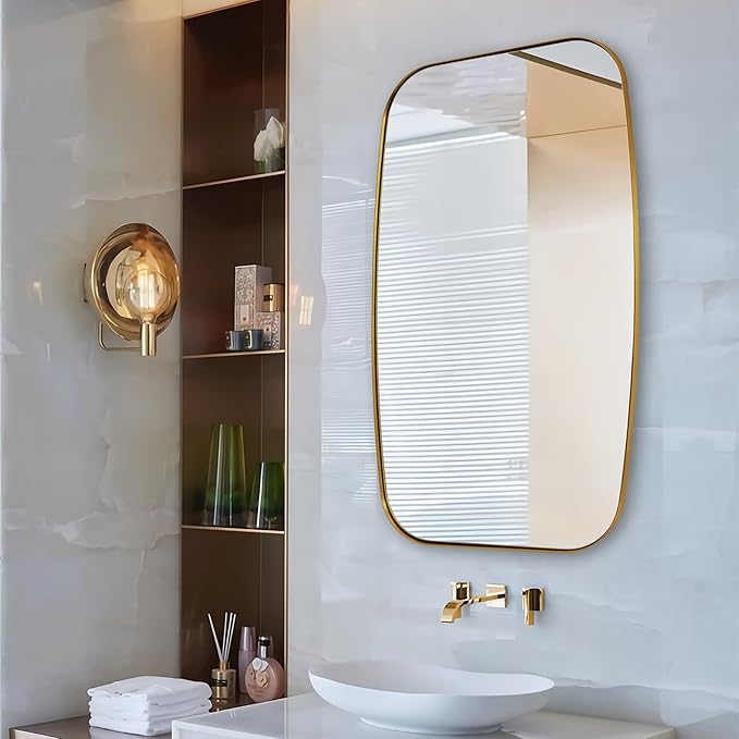 ANDY STAR Brass Bathroom Mirror, 24x32’’ Brushed Gold Metal Frame Oblong Mirror for Bathroom, Modern Gold Oval Bathroom Mirror for Over Sink, Hangs Horizontal or Vertical