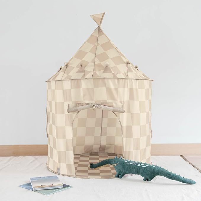 3 Sprouts Kids Play Tent - Sustainable Recycled Fabric β Fun Spacious Childs Playhouse for Indoor Games for Boys & Girls - Durable Fort Pop Up House for Toddlers & Children Age 3-10 - Checkered Beige