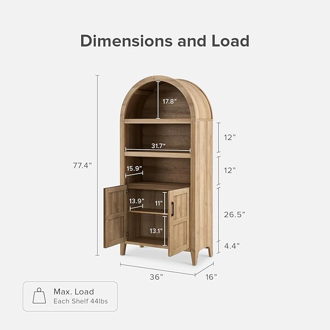 mopio Lauren 77.4" Tall Arched Cabinet, 5-Tier Arched Bookcase with Doors and Adjustable Shelves, Arch Bookshelf with Storage, Wooden Storage Cabinet for Living Room and Kitchen Pantry (Oak)