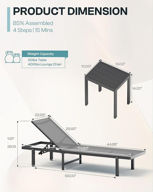 Pool Lounge Chairs Set of 2,Outdoor Lounge Chairs with Wheels and 5-Position Recliner -Easy to Move- Aluminum Patio Lounge Chair for Poolside, Deck (Darkgray)
