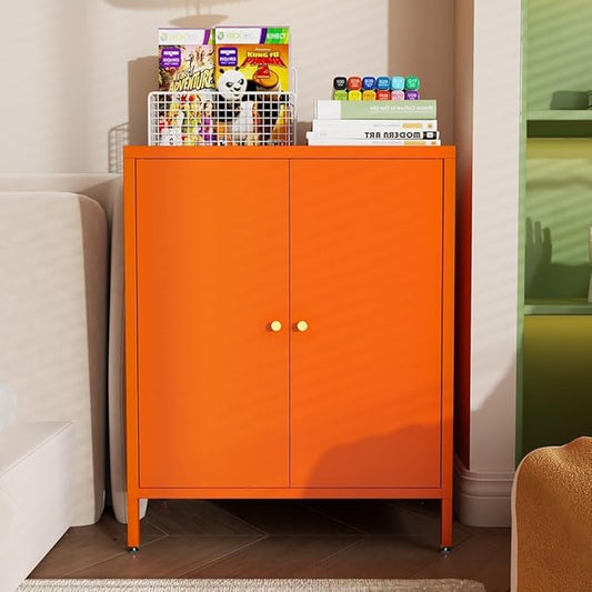 Living Room Cabinets,Orange Lockable Storage Cabinets with Doors and Shelves,2 Door Cabinet with high feet,Modern Metal Locker,Low Side Cupboard for Home,Office,Kitchen,Bathroom,Dining Room
