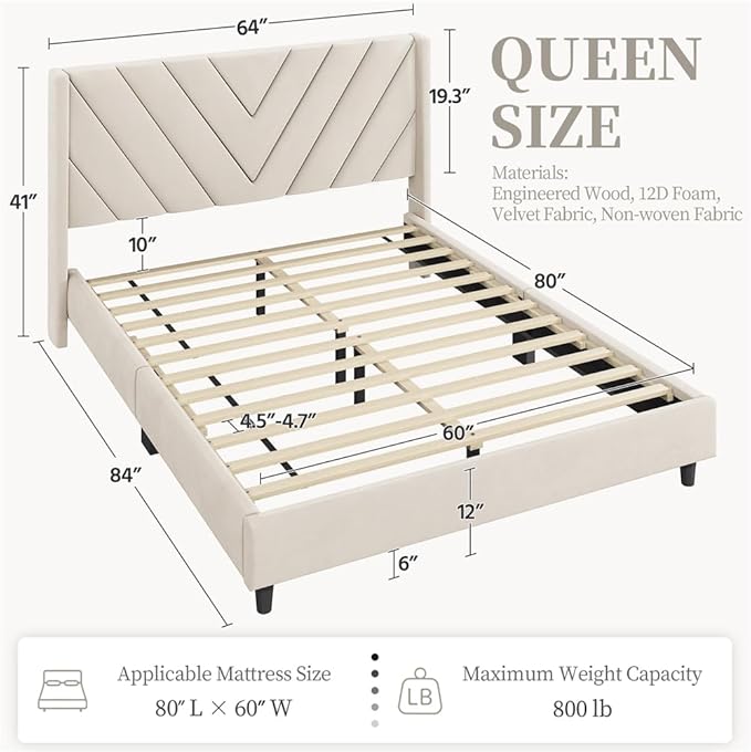 Yaheetech Queen Bed Frame Upholstered Platform Bed with Wing Side/Wooden Slat Support/Tufted Headboard with Wing Side/Mattress Foundation/No Box Spring Needed,Beige Queen Bed