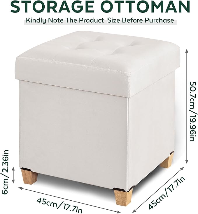 17.7" Ottoman with Storage, Square Storage Ottoman for Dorm, Velvet Ottomans with Legs for Living Room, Bedroom, White