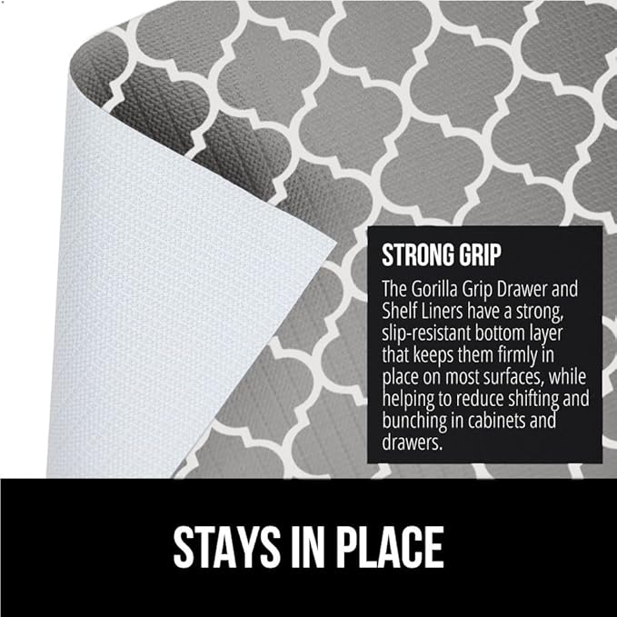 GORILLA GRIP DripGuard Shelf Liner, Non Adhesive Drawer and Kitchen Cabinet Protector, 24x240 Inch, Slip Resistant BPA Free Smooth Surface Plastic Liners for Cabinets, Bathrooms, Closets, White Gray