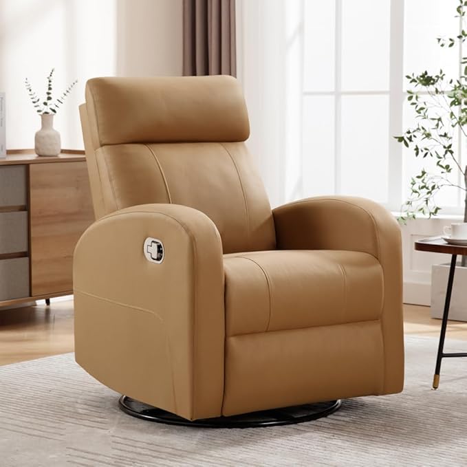 Swivel Rocker Recliner Chair, Manual Leather Recliner, Glider Rocking Recliner Chair 360°Swivel Nursery Reclining Chair for Living Room, Light Brown