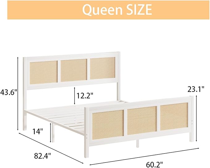 Rattan Bed Frame Queen, Boho Bed Frame with Headboard, Metal Platform Bed Frame Queen Size with Strong Slats Support, No Box Spring Needed, Noise Free, Easy Assembly, White
