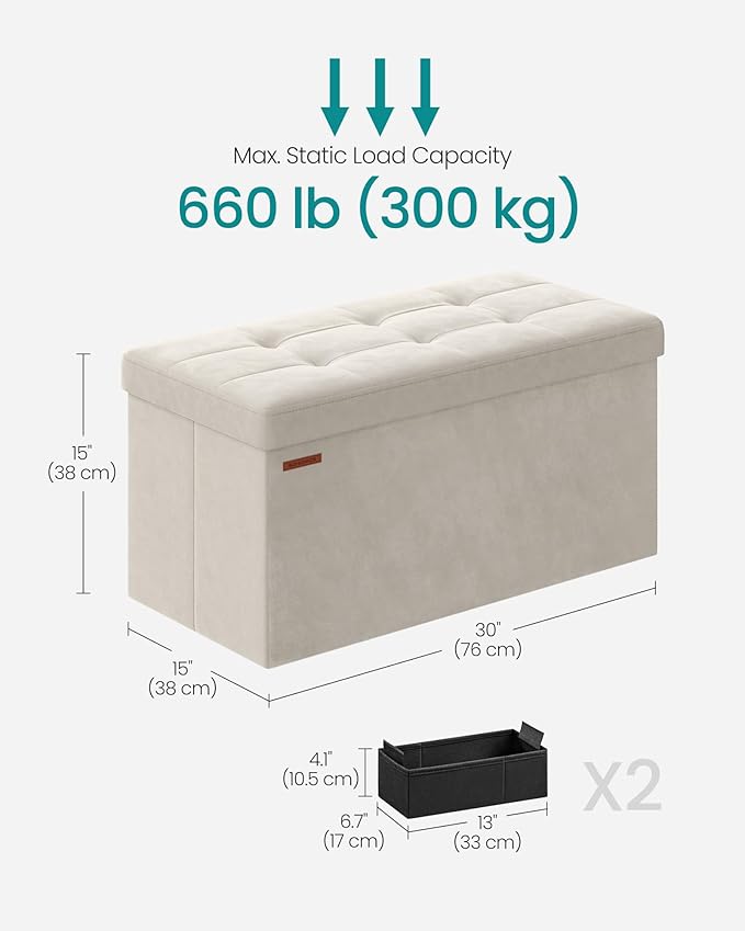 SONGMICS Mazie Collection - Storage Ottoman Bench, Foldable Foot Rest, 15 x 30 x 15 Inches, End of Bed Bench, Storage Chest, Load 660 lb, Living Room, Bedroom, Entryway, Cream White ULSF247W01