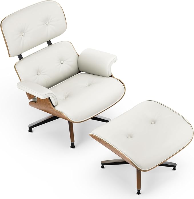 Top White Grain Leather, Mid Century Chaise Lounge Chair and Ottoman, Modern Chair Classic Design, Walnut Wood, Heavy Duty Base Support for Living Room Office