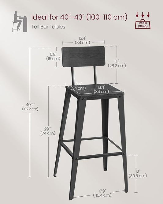 VASAGLE Set of 4 Bar Stools, Bar Height Stools, 29.1 Inches Tall Barstools with Back, Counter Bar Chairs for Kitchen Island, Steel Frame, Industrial Style, Easy Assembly, Ash Black and Ink Black
