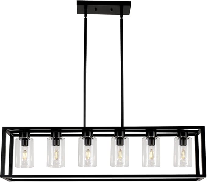 Farmhouse Dining Room Light Fixture Kitchen Island 6-Light Pendant Lighting, Adjustable Rectangle Black Contemporary Chandeliers with Glass Shade (6 Light)