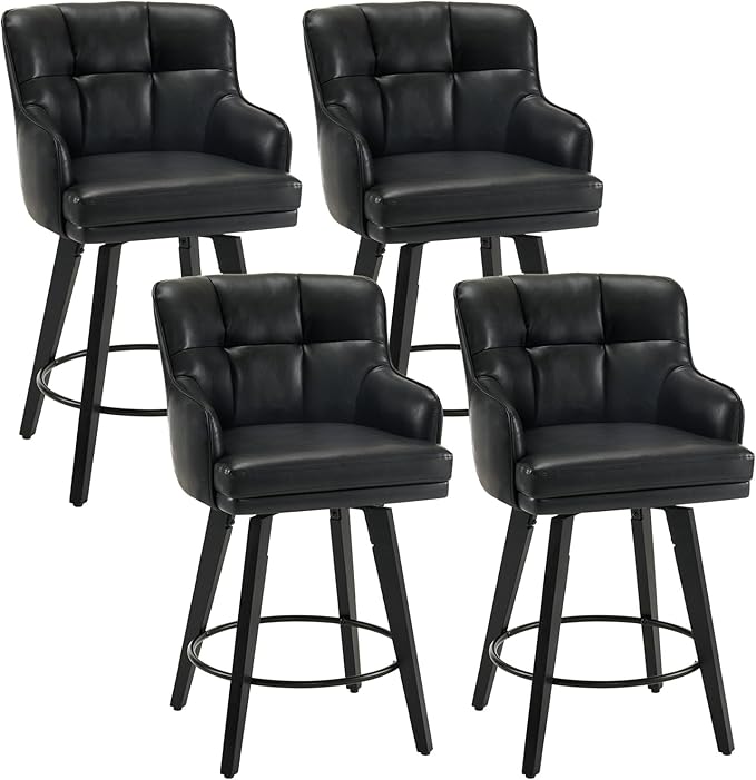 360°Swivel Counter Height Bar Stools with Back, 26 inch Solid Wood Legs, Bar Stool Modern Kitchen Island Chairs, Faux Leather (Black- Faux Leather, 26" H- Set of 4)
