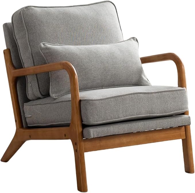 Mid-Century Accent Chair Set of 2,Linen Fabric Lounge Chair with Wide Armrest,Linen Fabric Armchair withLumbar Pillow & Solid Wood Frame for Living Room, Bedroom, Balcony(Light Gray)