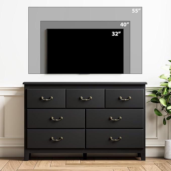 Black Dresser for Bedroom, Modern Style 7 Drawer Dresser with Vintage Gold Antique Handles, Chest of Drawers for Bedroom, Antique Black