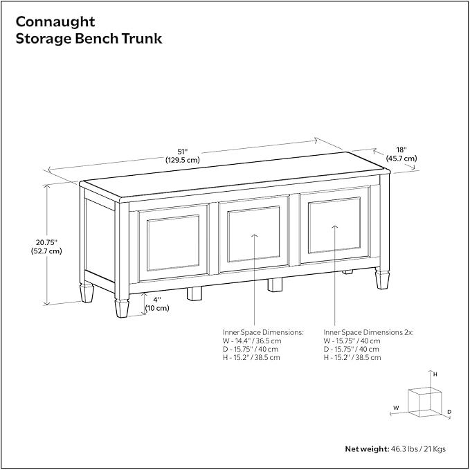SIMPLIHOME Connaught Entryway Storage Bench - 51 inch Wide Solid Wood Storage Trunk Seat in Antique White, Traditional Bench for Entryway or Living Room with Lift-Up Lid and Decorative Moulding