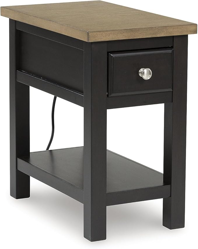 Signature Design by Ashley Drazmine Casual 1 Drawer Chair Side End Table with USB Charging Ports, 1 Lower Shelf and Power Cord, Light Brown & Black