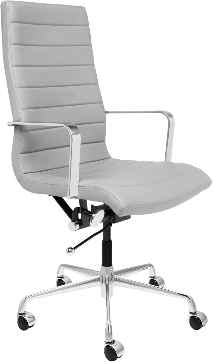 Laura Davidson Furniture SOHO II Ribbed Office Chair - Tall Back Desk Chair with Arm Rest, Swivel & Cushion Availability, Made of Faux Leather, Grey, Computer Chair