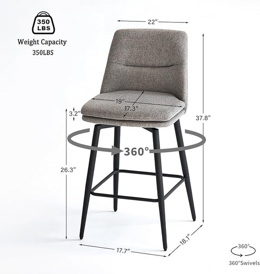 Grey Counter Height Bar Stools Set of 2, 26 Inch Seat Height with Back and Metal Legs, 360° Swivel Upholstered Fabric Swivel Bar Stools
