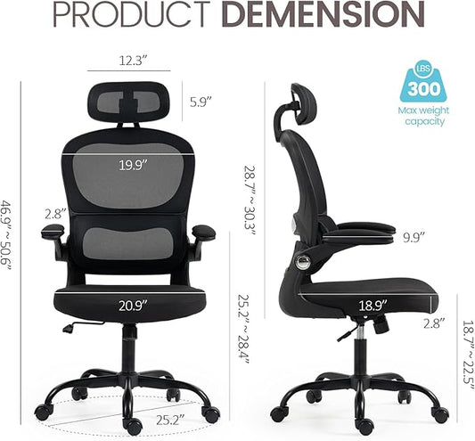 Yilaywain Ergonomic Office Chair, Home Office Desk Chair with Adjustable Headrest, High Back Computer Chair with Armrests and Lumbar Support for Home Office Study Room, Black & Gray (Black)