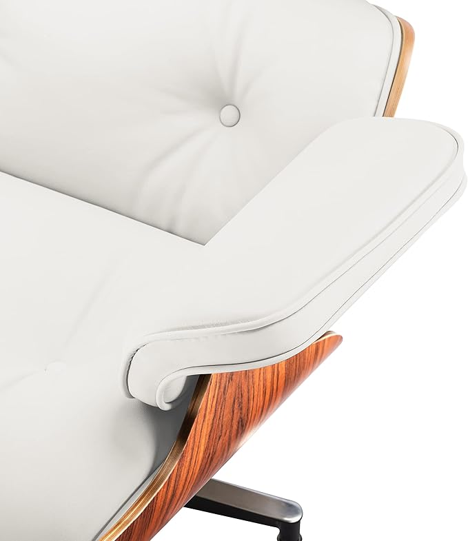 Top White Grain Leather, Mid Century Chaise Lounge Chair and Ottoman, Modern Chair Classic Design, Palisander Wood, Heavy Duty Base Support for Living Room Office