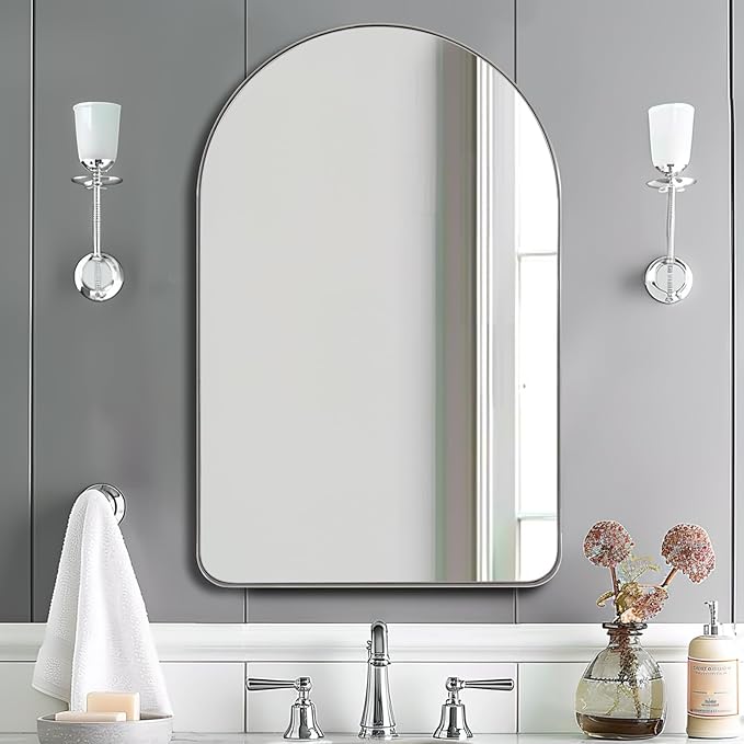 ANDY STAR Chrome Mirror, 22 x 35 Inch Arch Mirror in Stainless Steel Metal Frame, Chrome Arched Bathroom Mirror, Arch Top Rounded Corner 1 Inch Deep Set Design Wall Mount Hangs Vertical