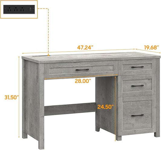 Vabches Farmhouse 47" Executive Desk with 4 Drawers, Computer Desk with File Drawer and Charging Station, Workstation for Home Office, Study.(Grey)
