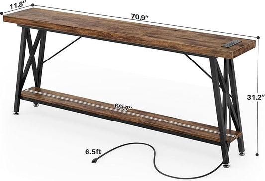 Homieasy 70.9 Inch Extra Long Console Table, Industrial Sofa Table Behind Couch with Charging Station & Storage Shelf, Entryway Table for Living Room & Entryway, Rustic Brown