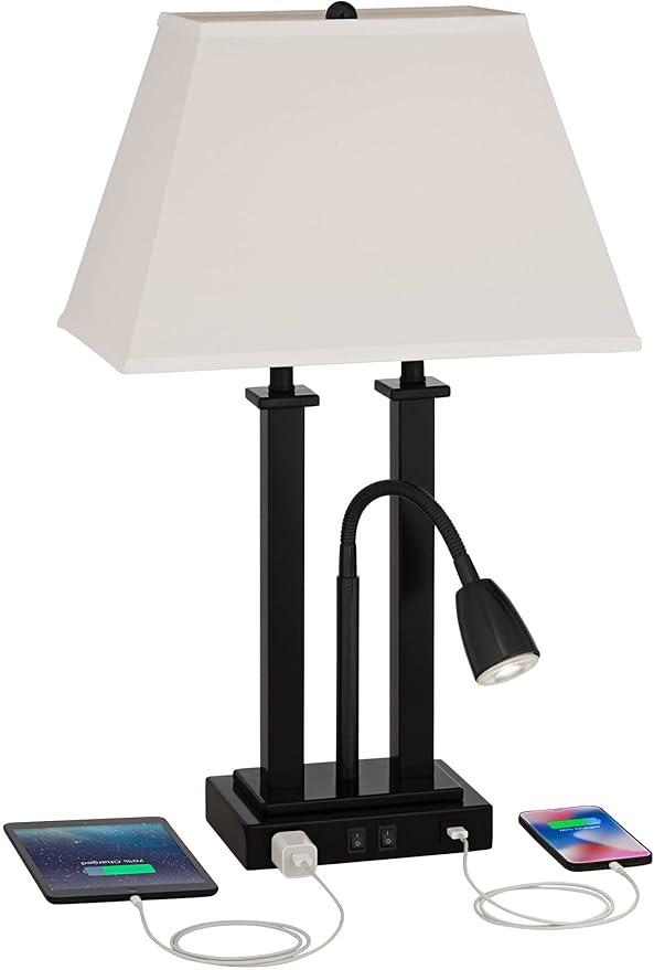 Possini Euro Design Deacon 26" High Industrial Modern Desk Lamps Set of 2 USB Port AC Power Outlet Gooseneck Black Metal Oatmeal Shade Home Office Living Room Charging Bedroom Bedside Nightstand