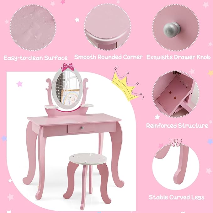 KOTEK Pink Kids Vanity Set, 2-in-1 Makeup Vanity Desk with Detachable Top & 360° Rotating Mirror, Stool and Drawer, Bow Pattern for Little Girls, Princess Dressing Table for Toddler 3-7