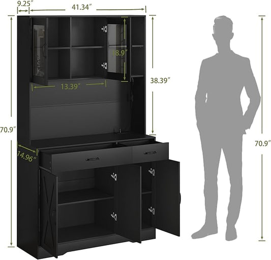 71" Kitchen Pantry Cabinet: Hutch Cabinet with Glass Doors, Pantry Cabinets with Drawers, Adjustable Shelves, LED Light & Power Outlets for Kitchen, Living Room, Dining Room (Black)