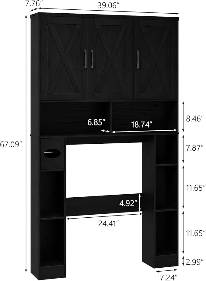 Over The Toilet Storage Cabinet, Farmhouse Toilet Cabinet Rack with 3 Barn Doors, Space Saving Bathroom Organizer with Shelves, Toilet Paper Holder and Towel Rack for Bathroom,Restroom,Pure Black