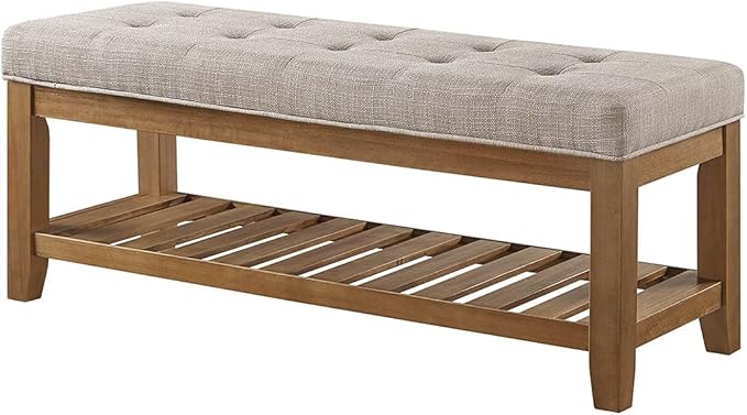 24KF Large Rectangular Upholstered Tufted Linen Fabric Ottoman Bench, Padded Bench with Solid Wood Shelf-Linen