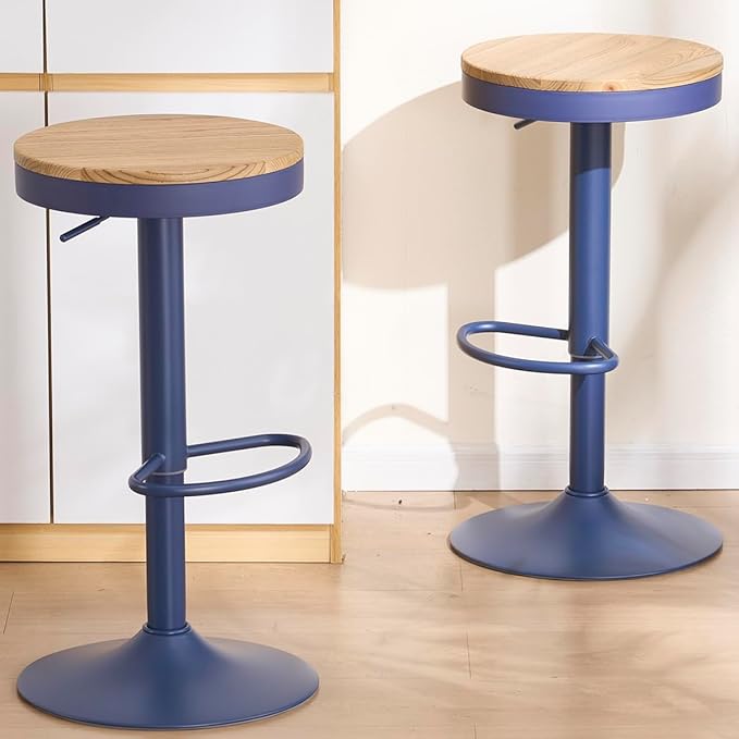 Kidol & Shellder Bar Stools Set of 2 Round Adjustable Swivel Barstools Modern Backless Bar Chairs Wooden Seat Counter Height Stools Armless for Kitchen Island, Cafe, Dining Room Blue