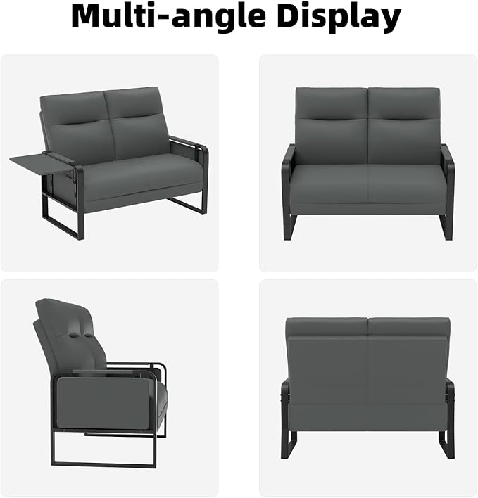 Faux Leather Loveseat, Upholstered Loveseat with Side Tray Table & Storage Pocket, Small Loveseat for Living Room, Modern 2 Seater Sofa Couch for Small Spaces, Bedroom, Gray