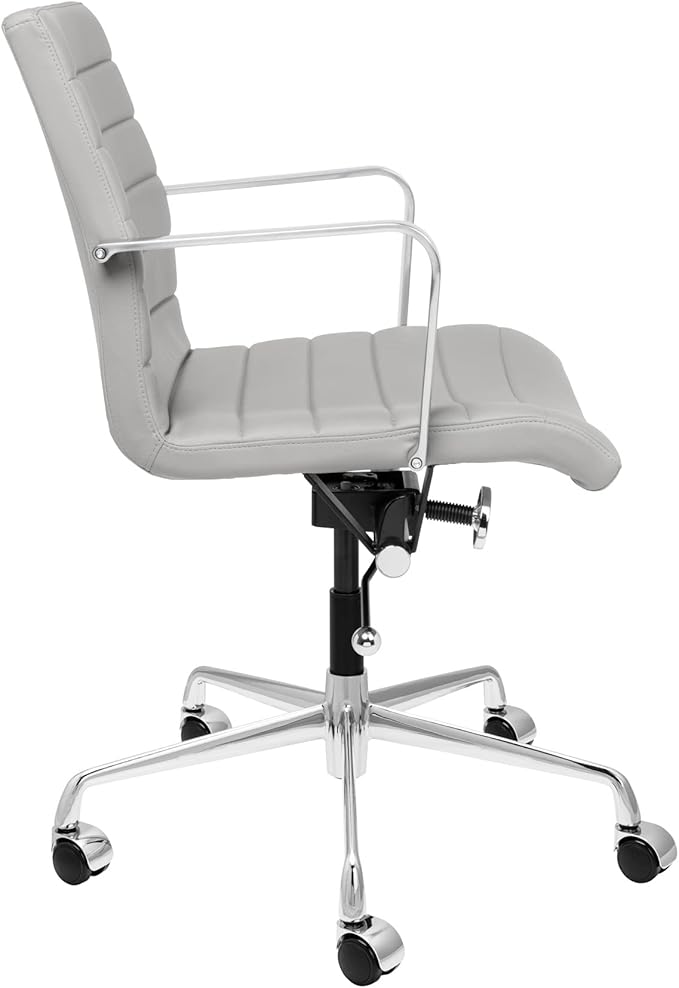 Laura Davidson Furniture SOHO II Ribbed Office Chair - Mid Back Desk Chair, Ergonomically Designed with Arm Rest & Swivel, Made of Faux Leather, Grey, Computer Chair