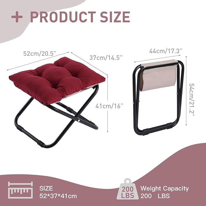 LITA Folding Footrest Stool, Portable Ottoman Foot Rest, Upholstered Small Foldable Ottoman Stool with Detachable Thick Cotton Cushion Padded Sofa Stool for Living Room, Bedroom, Burgundy