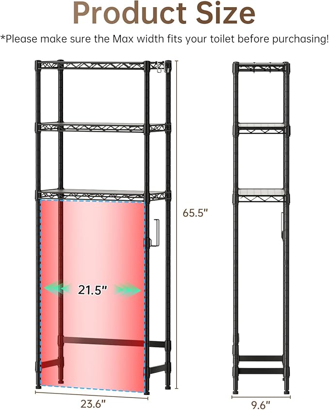 3-Tier Over The Toilet Storage Shelf,Heavy Duty Adjustable Metal Bathroom Rack with Toilet Paper Holder & Hooks,Space-Saving Organizer for Bathroom,10”D x 24”W x 66”H,Black