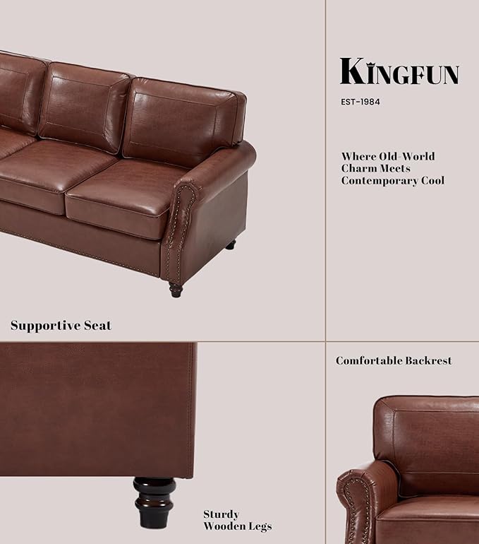 Kingfun Mid-Century Modern Couch, Faux Leather Sofa, 3 Seater Couch for Living Room with Rolled arms & Nailhead Trim, Dark Coffee