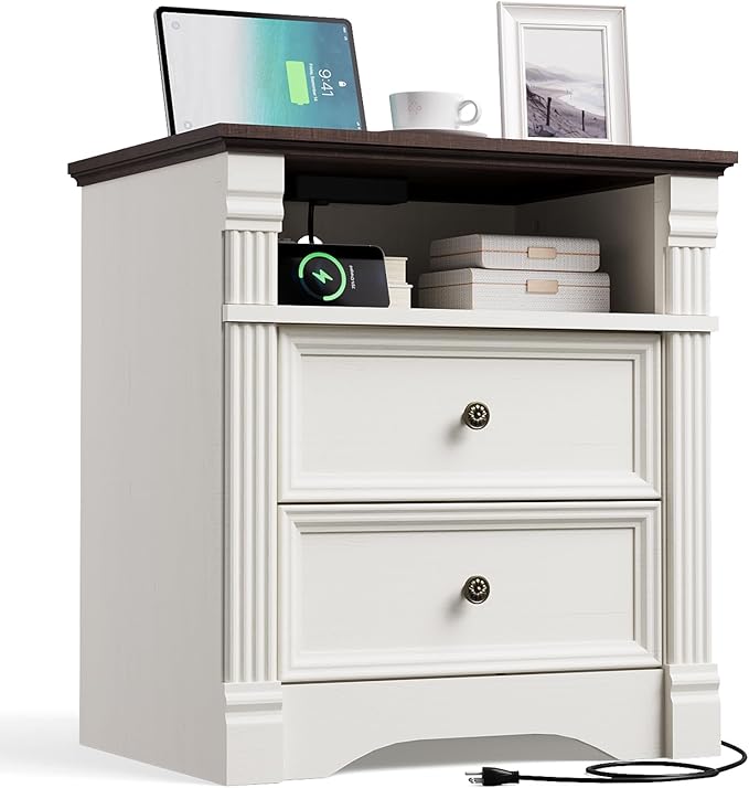 Yaamizz Farmhouse Nightstands with Charging Station, Table with Drawer and Storage Shelf, Wood Pilasters and Metal Handles, Vintage Design, Organizer for Bedroom, Hallway, White