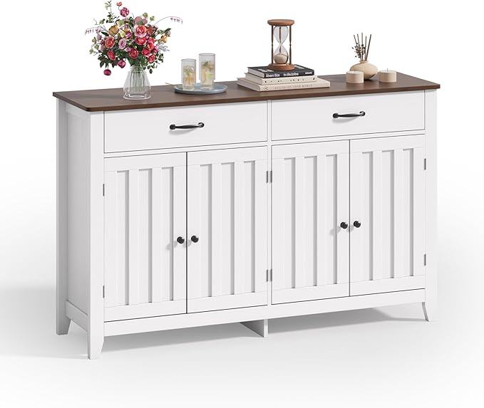 Gizoon 55" Buffet Cabinet with Storage, Sideboard Buffet with Drawers and Doors, Kitchen Storage Cabinet, Kitchen Pantry Adjustable Shelf, Metal Handle, Anti-Dumping, R Angle, Retro