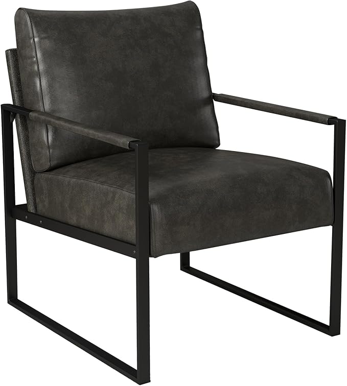 INZOY Leather Accent Chair with Metal Frame, Comfy Living Room Chair with Plump Backrest and Cushion, Mid Century Modern Chair with Sturdy Structure, Easy to Clean, Dark Grey