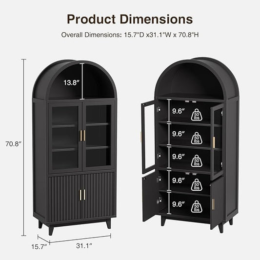 Arched Cabinet with Glass Doors, Fluted Tall Pantry with Solid Wood Legs, 71" Modern Accent Cabinet for Living Room, Kitchen, Dining Room, Entryway, Black